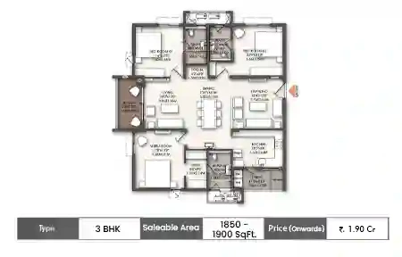 Brigade Enclave 3 BHK floor plan, 1850 sq ft saleable area